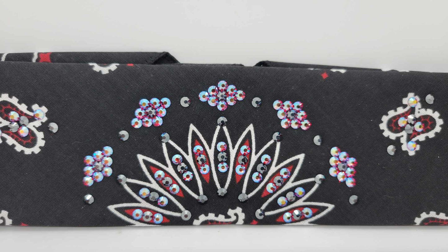 Narrow Black and Red Paisley Bandana with Black and Red Shimmer Austrian Crystals (sku6293)