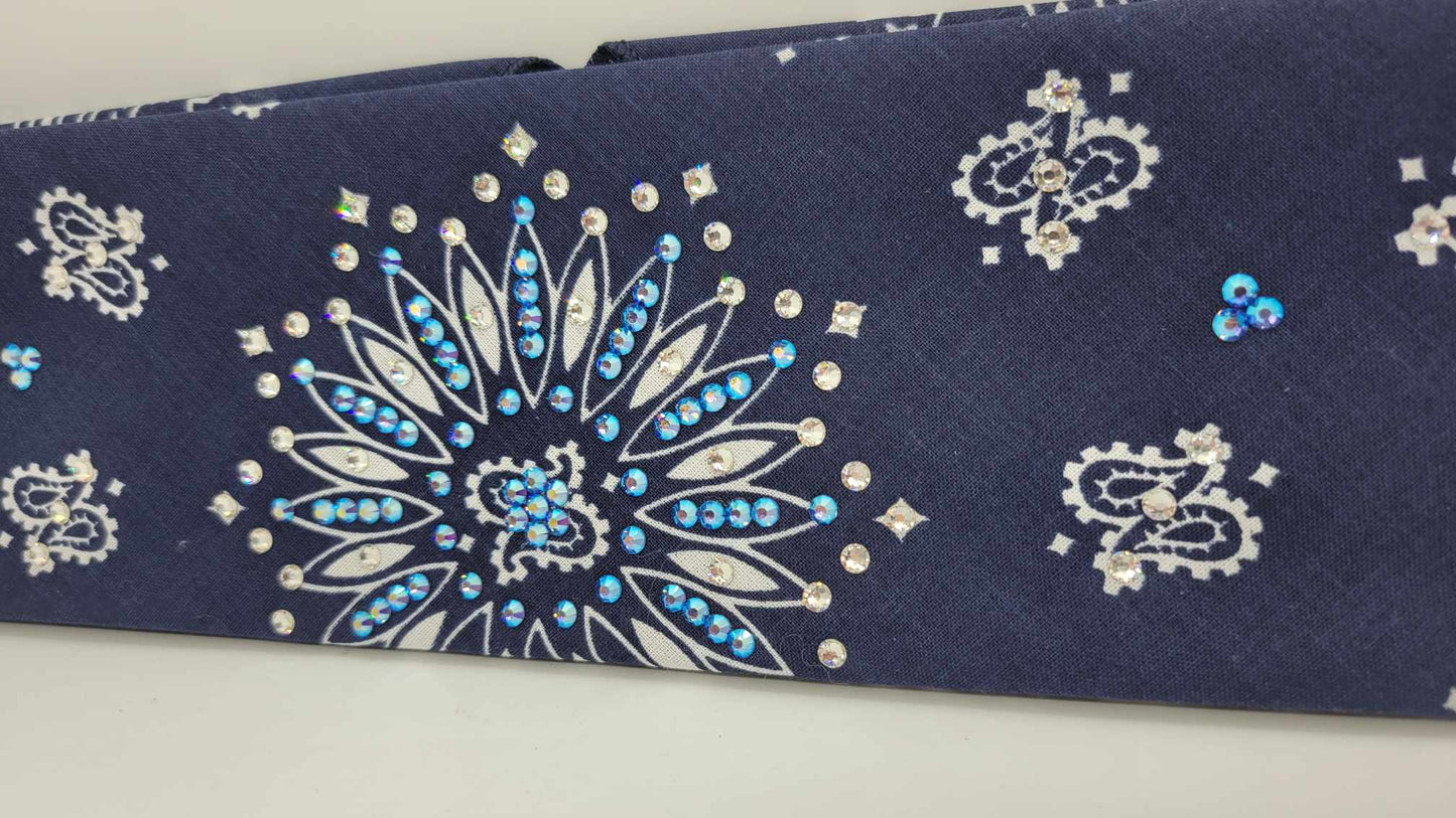 Navy Blue Paisley Bandana with Blue Shimmer and Diamond Clear Austrian Crystals (Sku6297)