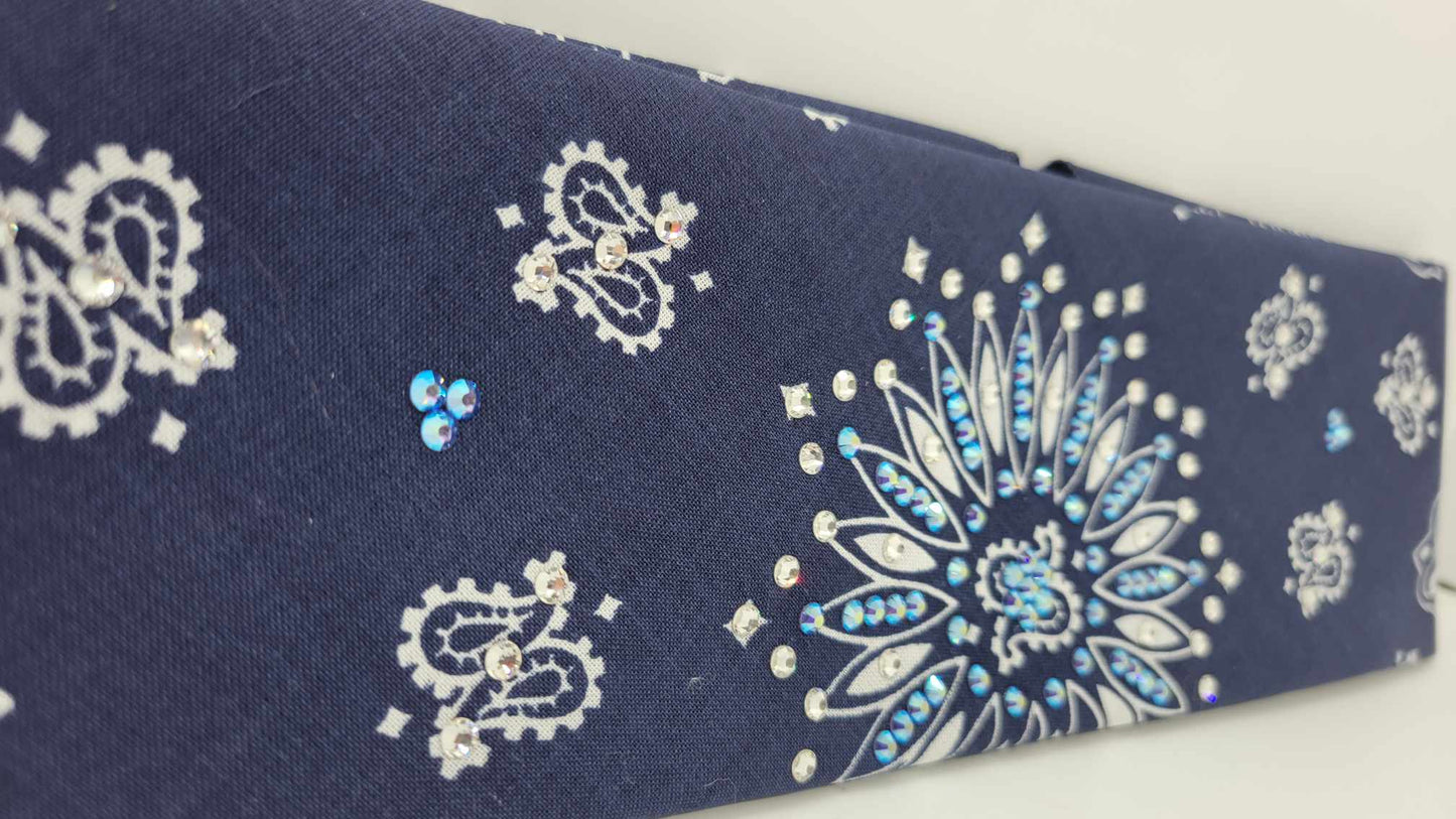 Navy Blue Paisley Bandana with Blue Shimmer and Diamond Clear Austrian Crystals (Sku6297)