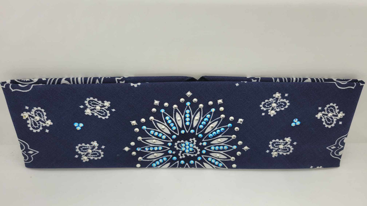 Navy Blue Paisley Bandana with Blue Shimmer and Diamond Clear Austrian Crystals (Sku6297)