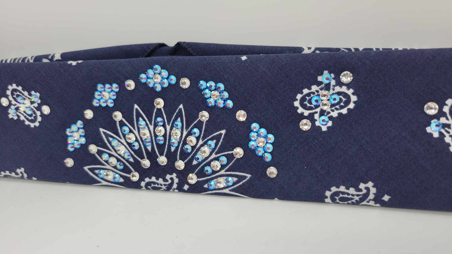 Narrow Navy Blue Paisley Bandana with Blue Shimmer and Diamond Clear Austrian Crystals (sku6298)