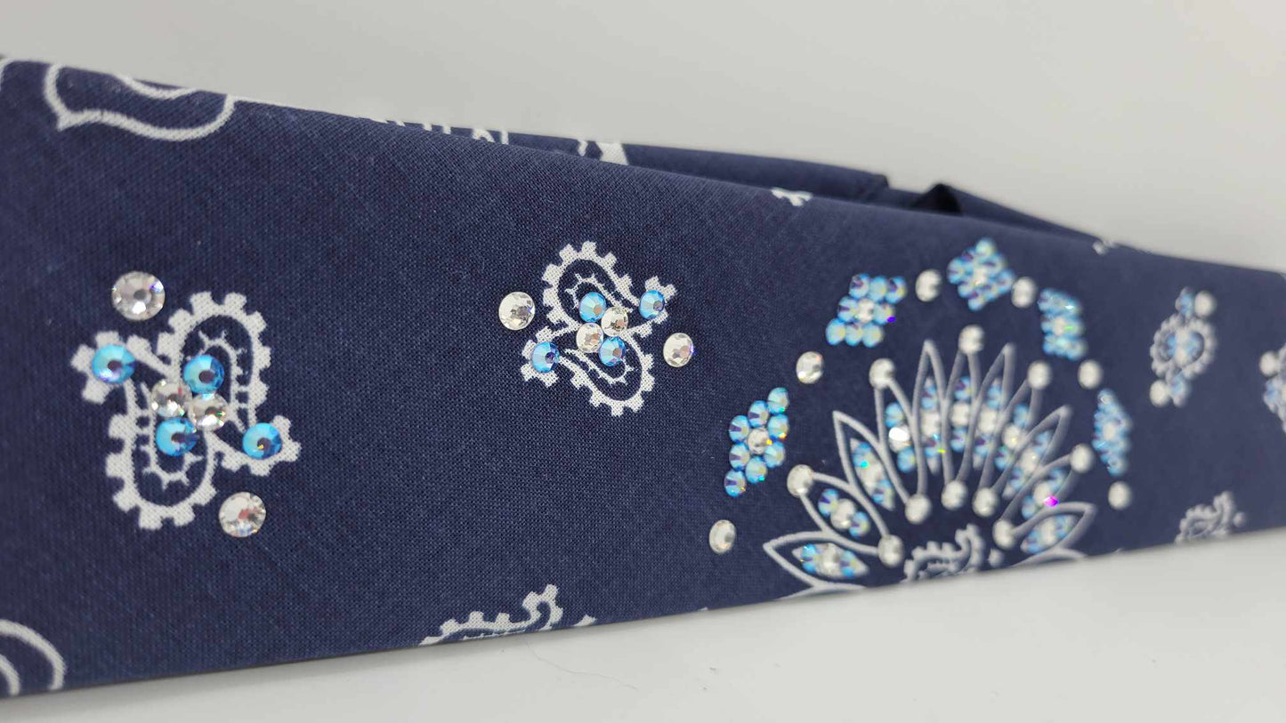 Narrow Navy Blue Paisley Bandana with Blue Shimmer and Diamond Clear Austrian Crystals (sku6298)
