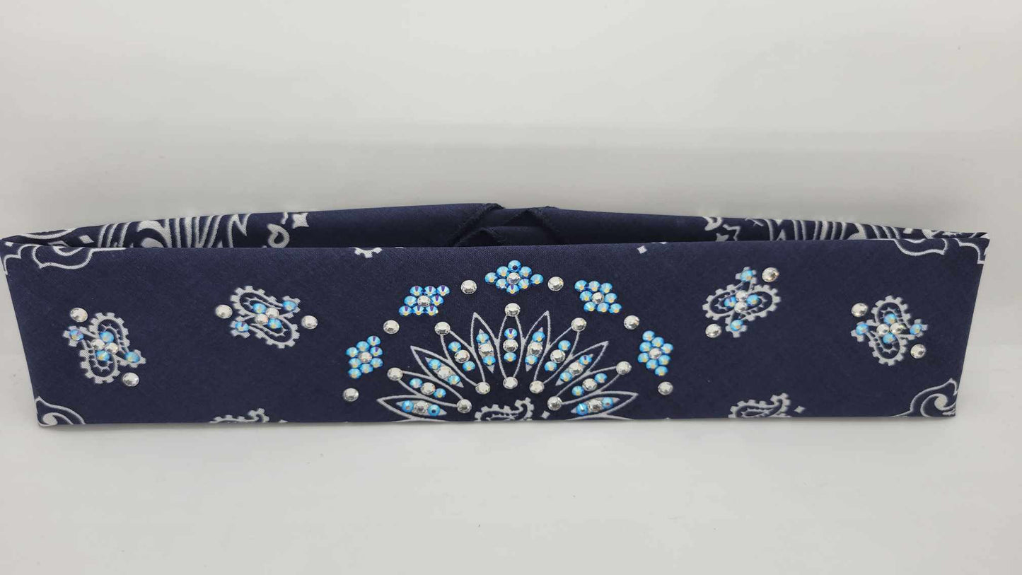 Narrow Navy Blue Paisley Bandana with Blue Shimmer and Diamond Clear Austrian Crystals (sku6298)