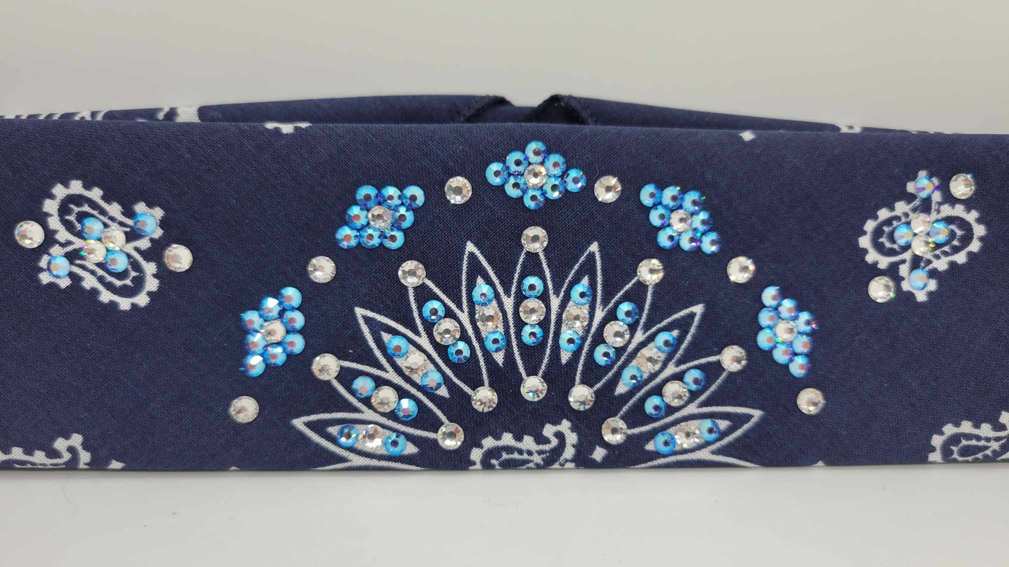 Narrow Navy Blue Paisley Bandana with Blue Shimmer and Diamond Clear Austrian Crystals (sku6298)