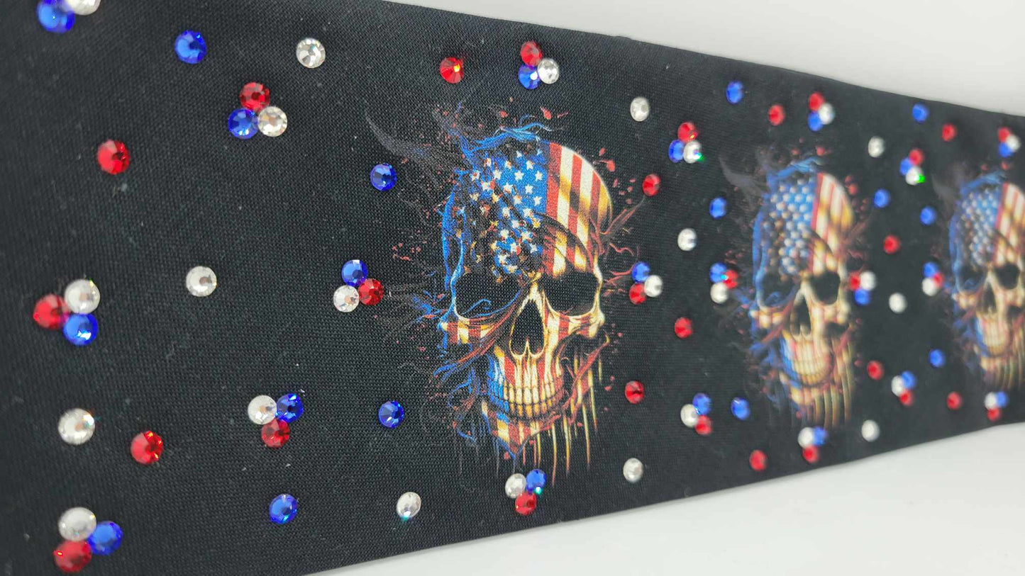 Flag Skulls Bandana with Red, Blue and Diamond Clear Austrian Crystals (Sku6303)