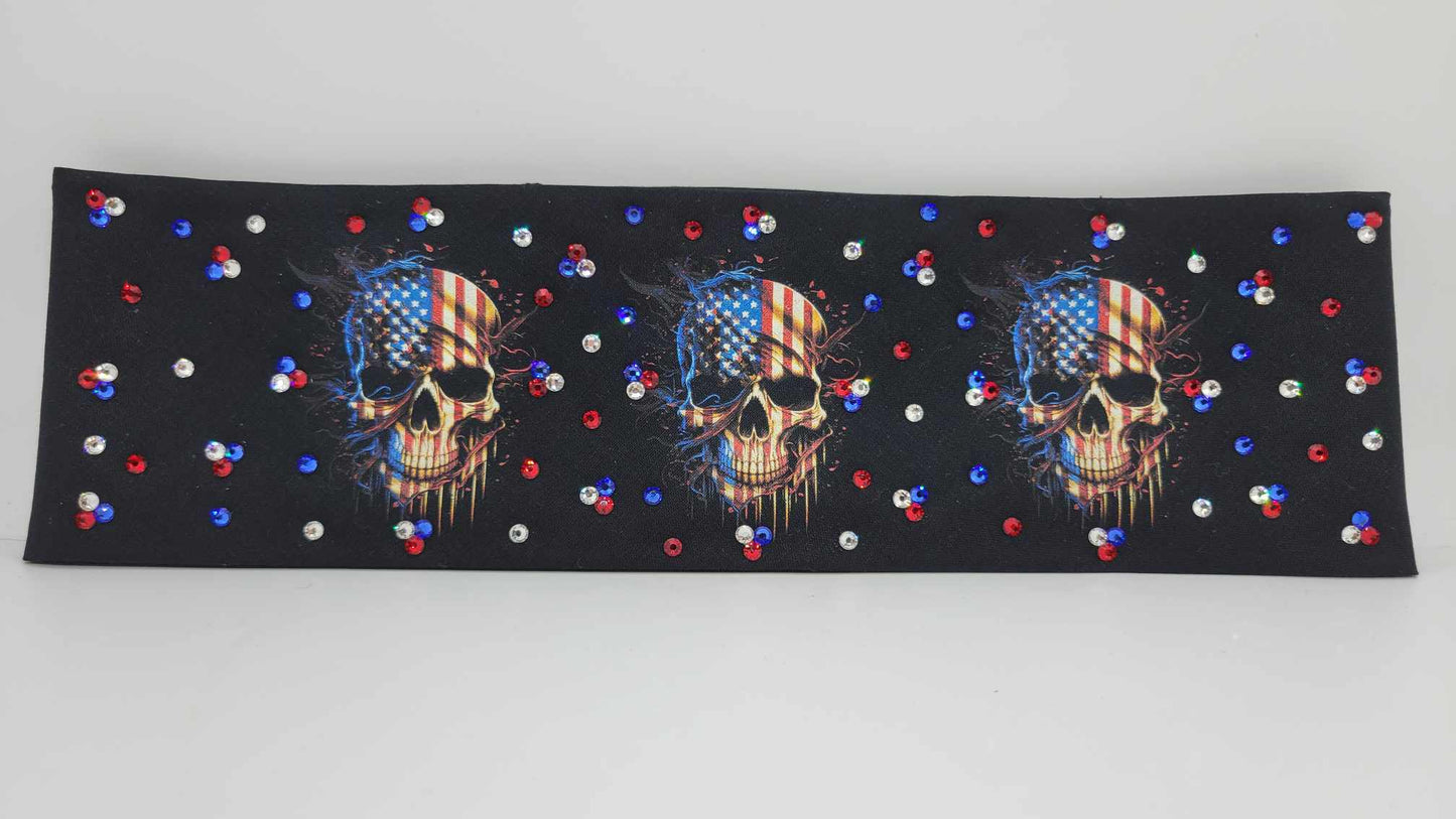 Flag Skulls Bandana with Red, Blue and Diamond Clear Austrian Crystals (Sku6303)