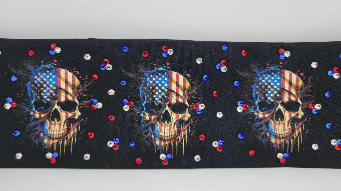 Flag Skulls Bandana with Red, Blue and Diamond Clear Austrian Crystals (Sku6303)