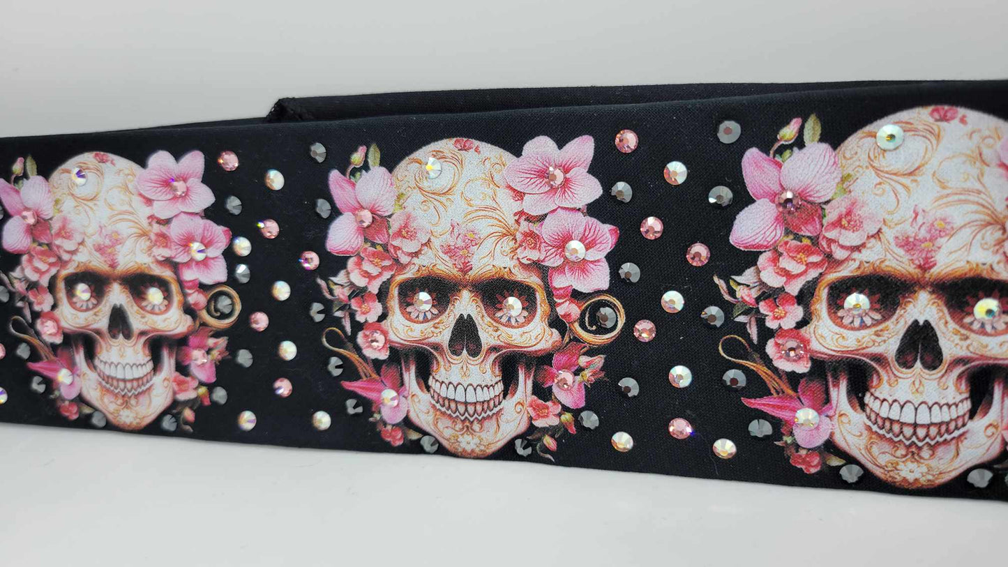 Narrow Skulls and Pink Flowers Bandana with Black, Pink and Aurora Borealis Austrian Crystals (Sku6304)