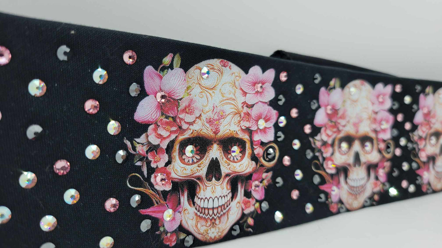 Narrow Skulls and Pink Flowers Bandana with Black, Pink and Aurora Borealis Austrian Crystals (Sku6304)
