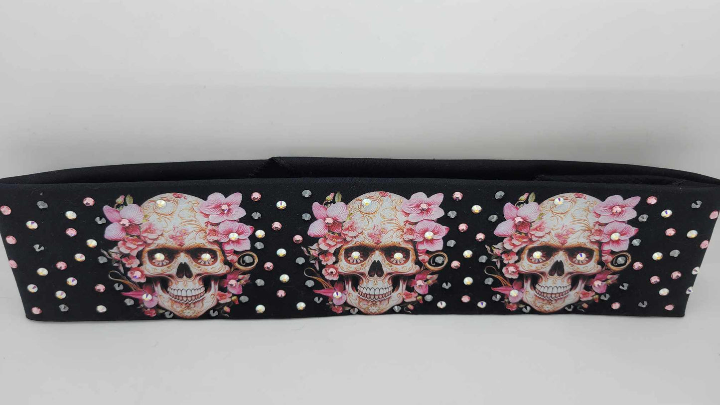 Narrow Skulls and Pink Flowers Bandana with Black, Pink and Aurora Borealis Austrian Crystals (Sku6304)