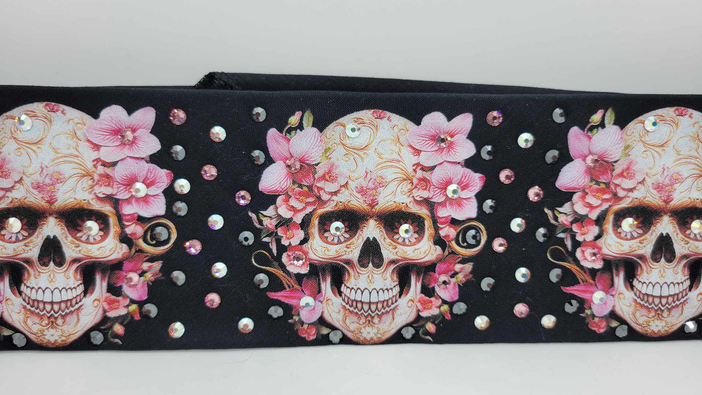 Narrow Skulls and Pink Flowers Bandana with Black, Pink and Aurora Borealis Austrian Crystals (Sku6304)