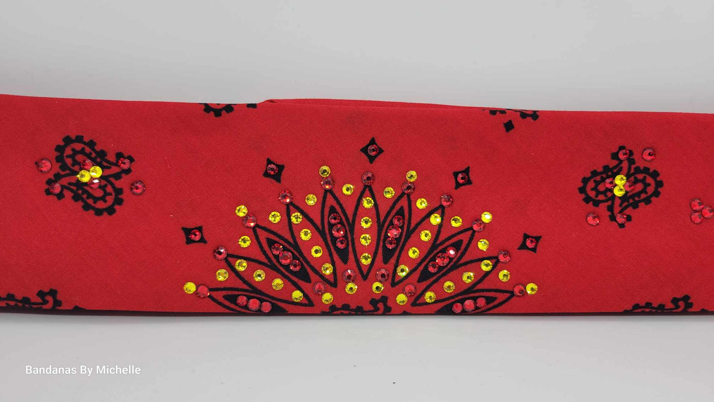 Narrow Red Paisley Bandana with Red and Yellow Austrian Crystals (Sku6312)