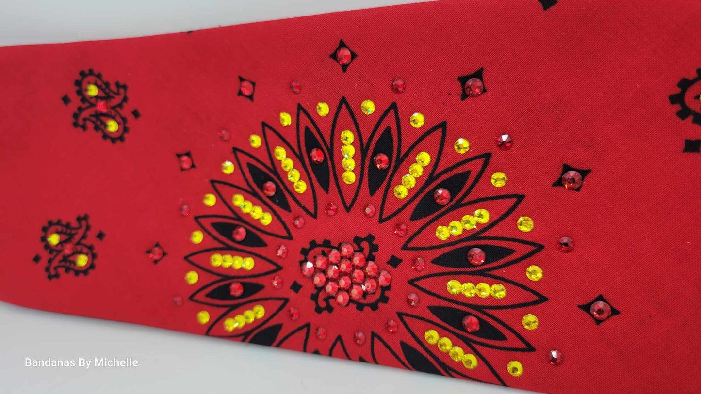 Wide Red Paisley Bandana with Red and Yellow Austrian Crystals (Sku6313)