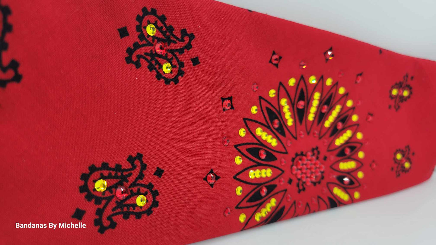 Wide Red Paisley Bandana with Red and Yellow Austrian Crystals (Sku6313)