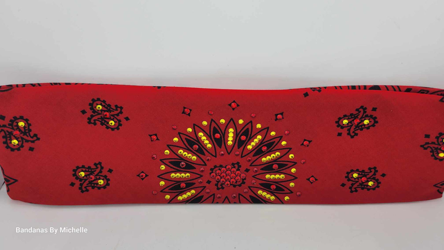 Wide Red Paisley Bandana with Red and Yellow Austrian Crystals (Sku6313)