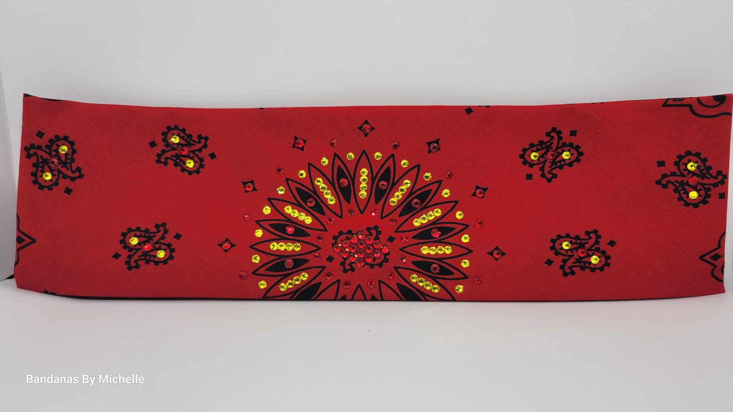 Wide Red Paisley Bandana with Red and Yellow Austrian Crystals (Sku6313)
