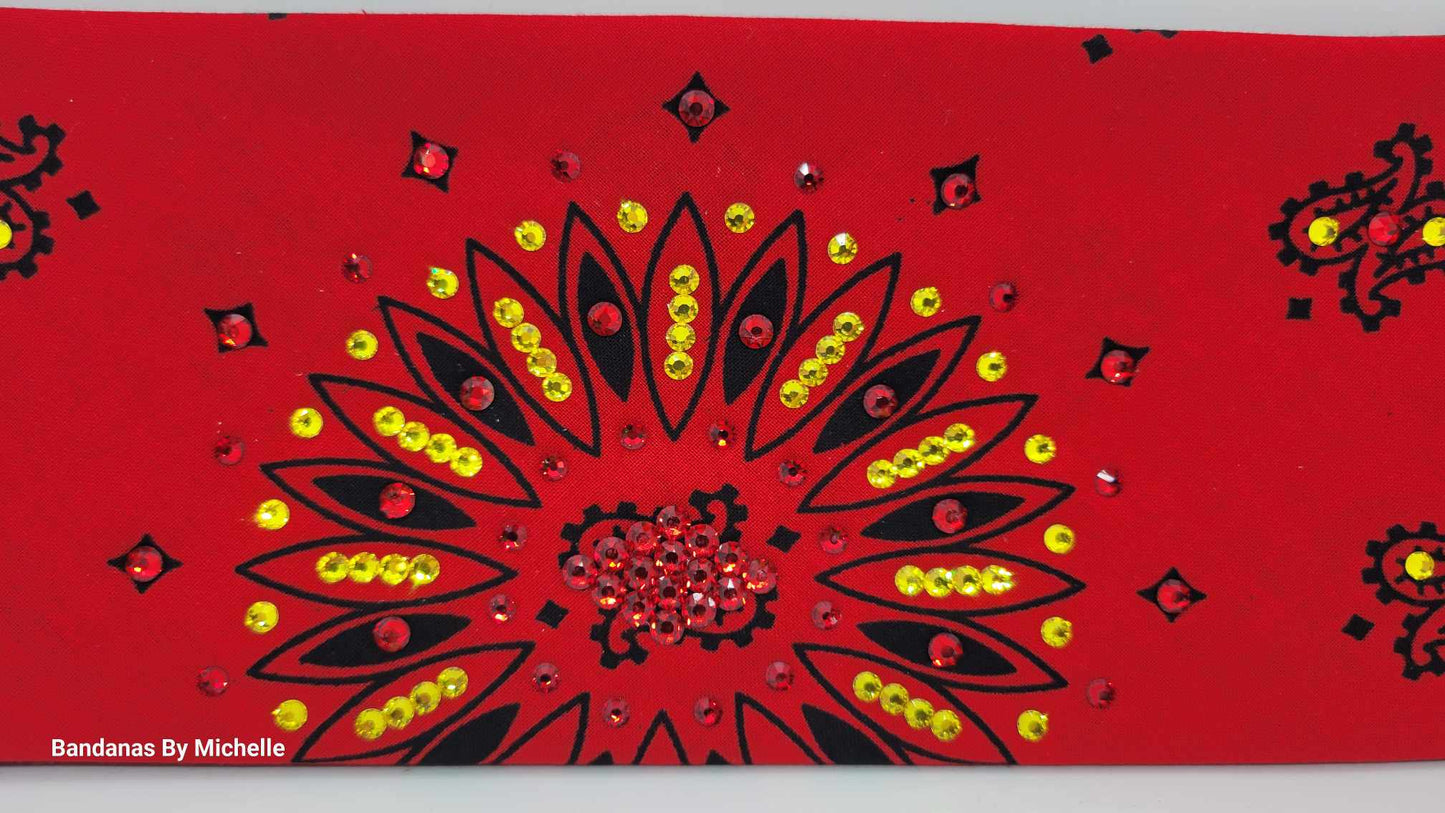 Wide Red Paisley Bandana with Red and Yellow Austrian Crystals (Sku6313)