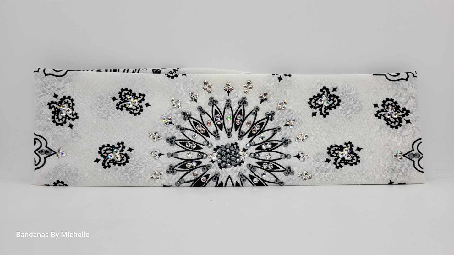 EXTRA BLING - White Paisley with Black and Diamond Clear Austrian Crystals (Sku6318)