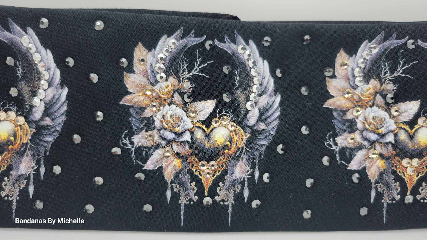 EXTRA BLING -Hearts and Wings Bandana with Honey, Black and Chrome Austrian Crystals (Sku6319)