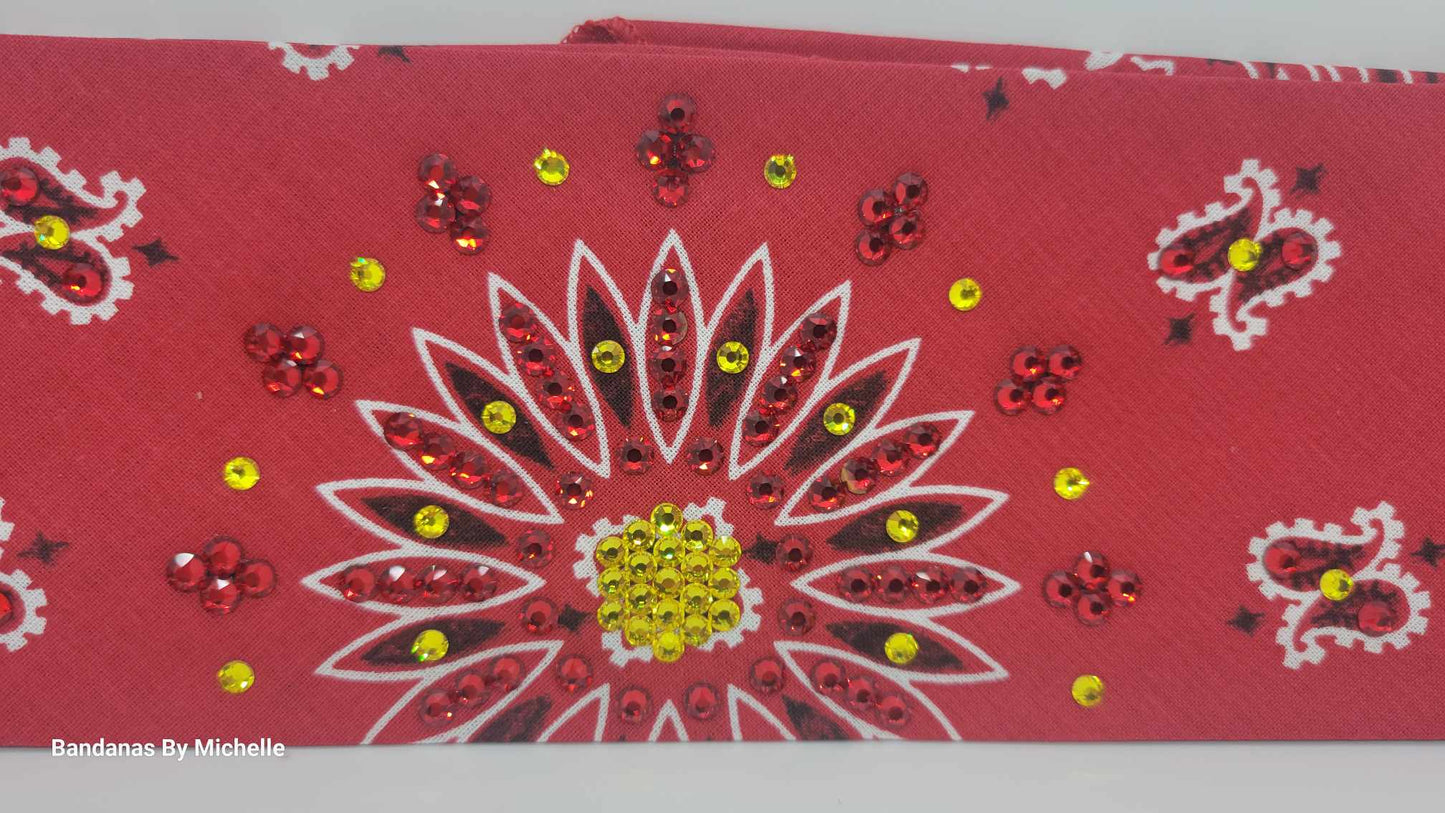 Red Paisley Bandana with Yellow and Red Austrian Crystals (Sku6324)