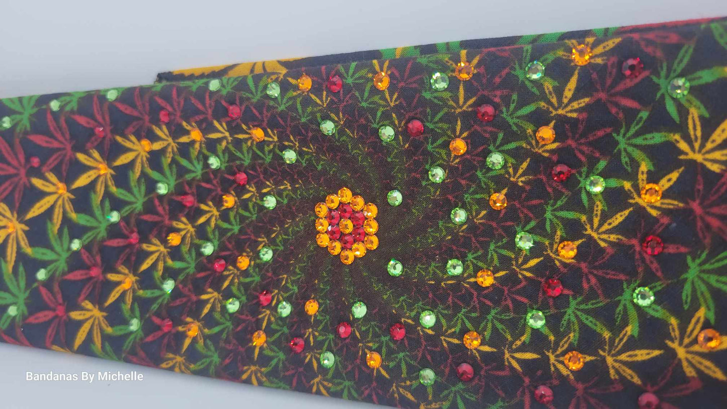 Spiral Hemp Leaves Bandana with Orange. Red and Green Austrian Crystals (Sku6325)