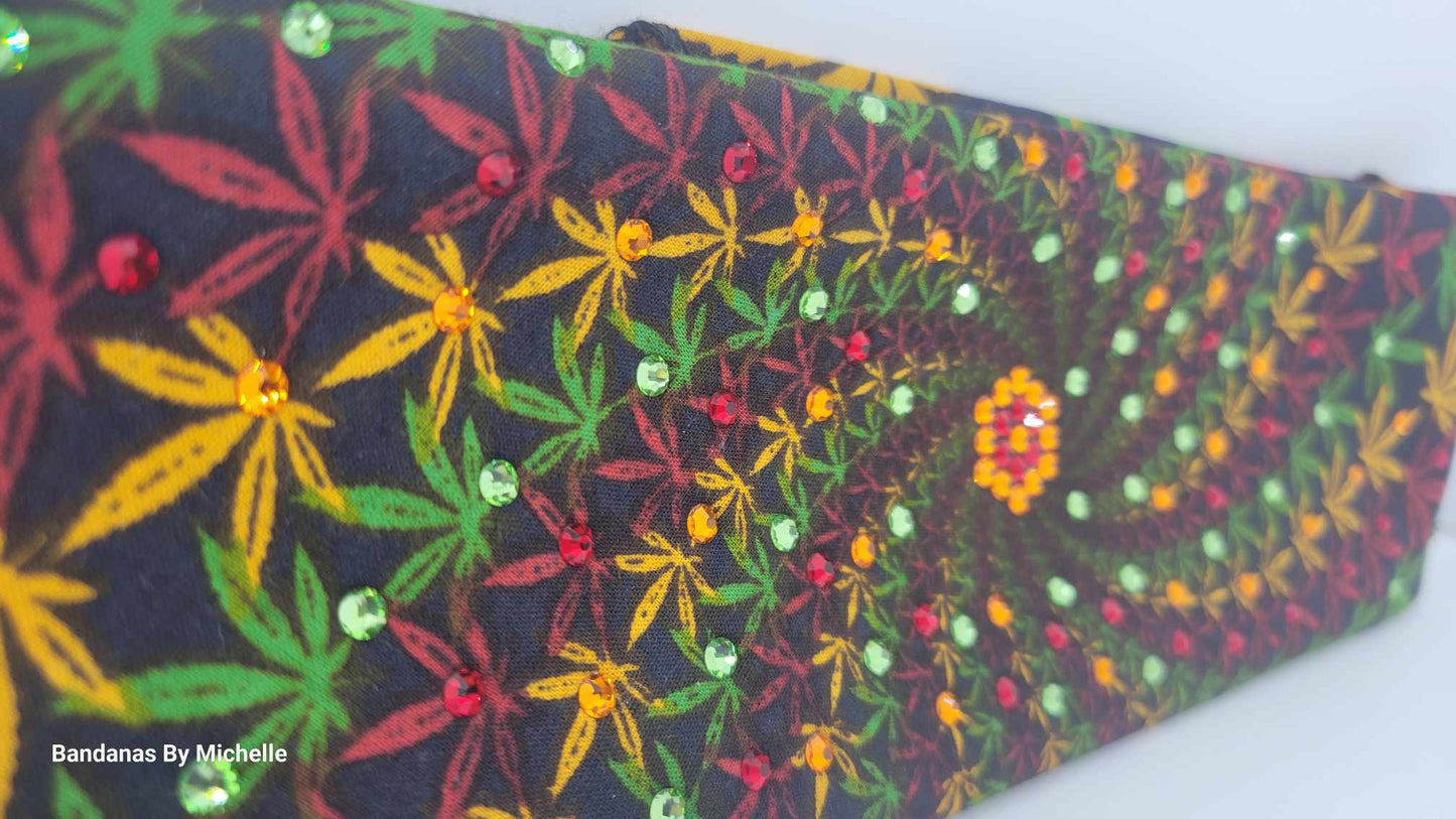 Spiral Hemp Leaves Bandana with Orange. Red and Green Austrian Crystals (Sku6325)