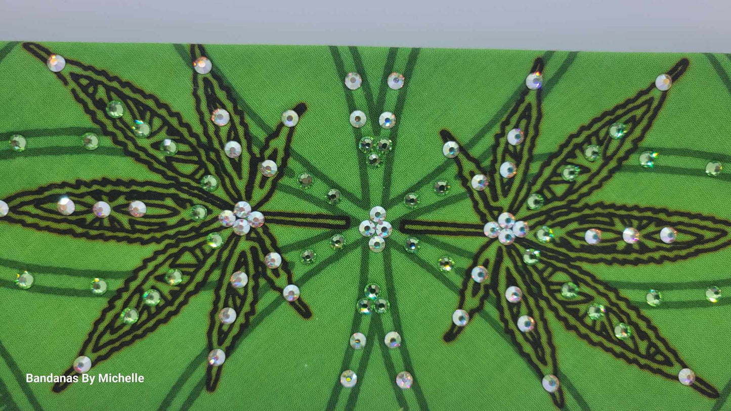 Hemp Leaves Bandana with Aurora Borealis and Green Austrian Crystals (Sku6326)
