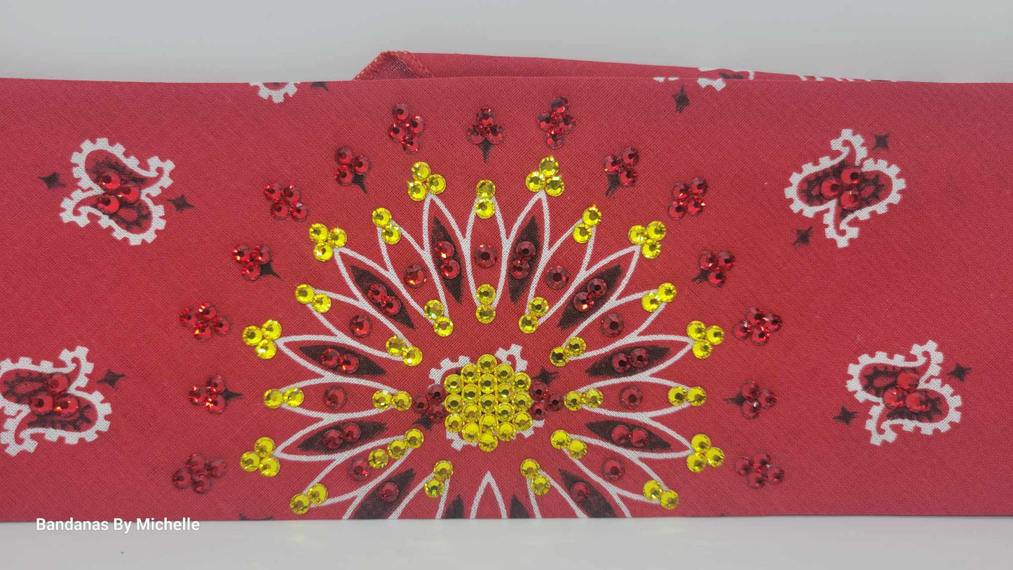 EXTRA BLING -Red Paisley Bandana with Yellow and Red Austrian Crystals (Sku6327)