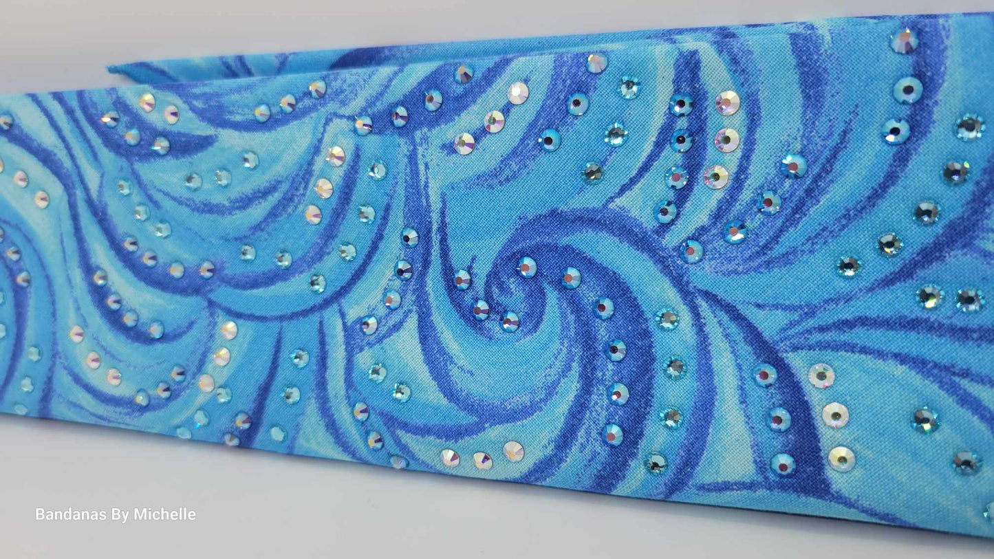 EXTRA BLING -Blue Waves Bandana with Blue Shimmer, Aurora Borealis and Aqua Austrian Crystals (Sku6328)