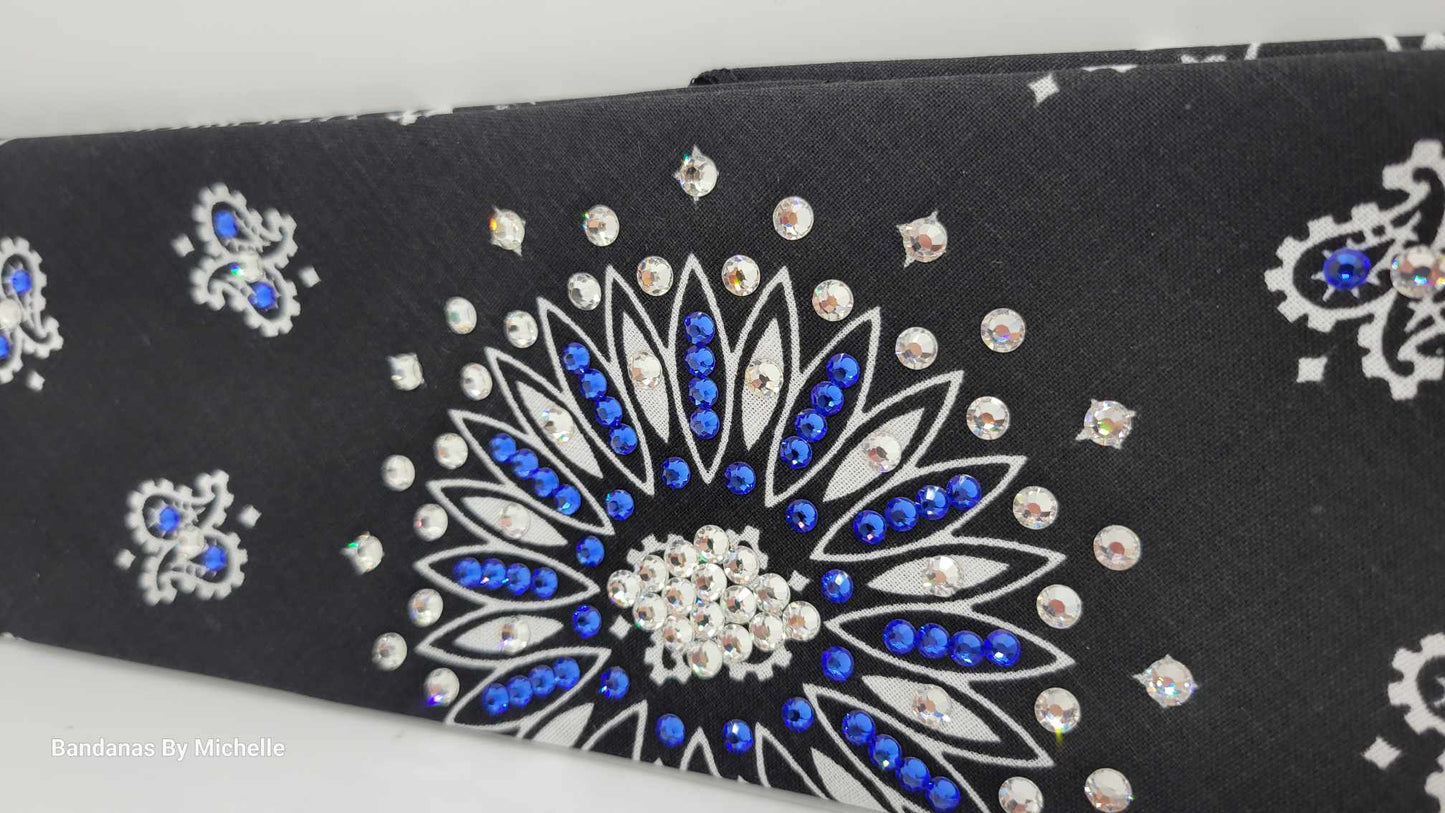 Black Paisley Bandana with Blue and Diamond Clear Austrian Crystals (Sku6329)