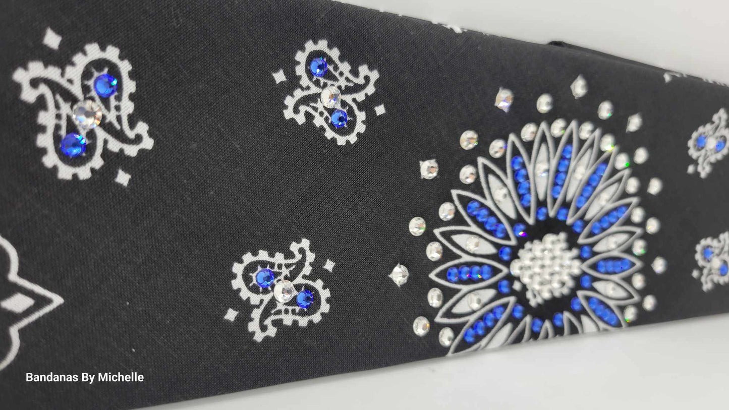 Black Paisley Bandana with Blue and Diamond Clear Austrian Crystals (Sku6329)