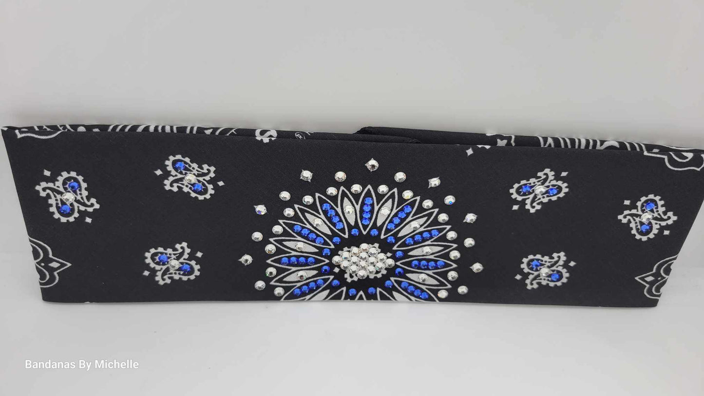 Black Paisley Bandana with Blue and Diamond Clear Austrian Crystals (Sku6329)