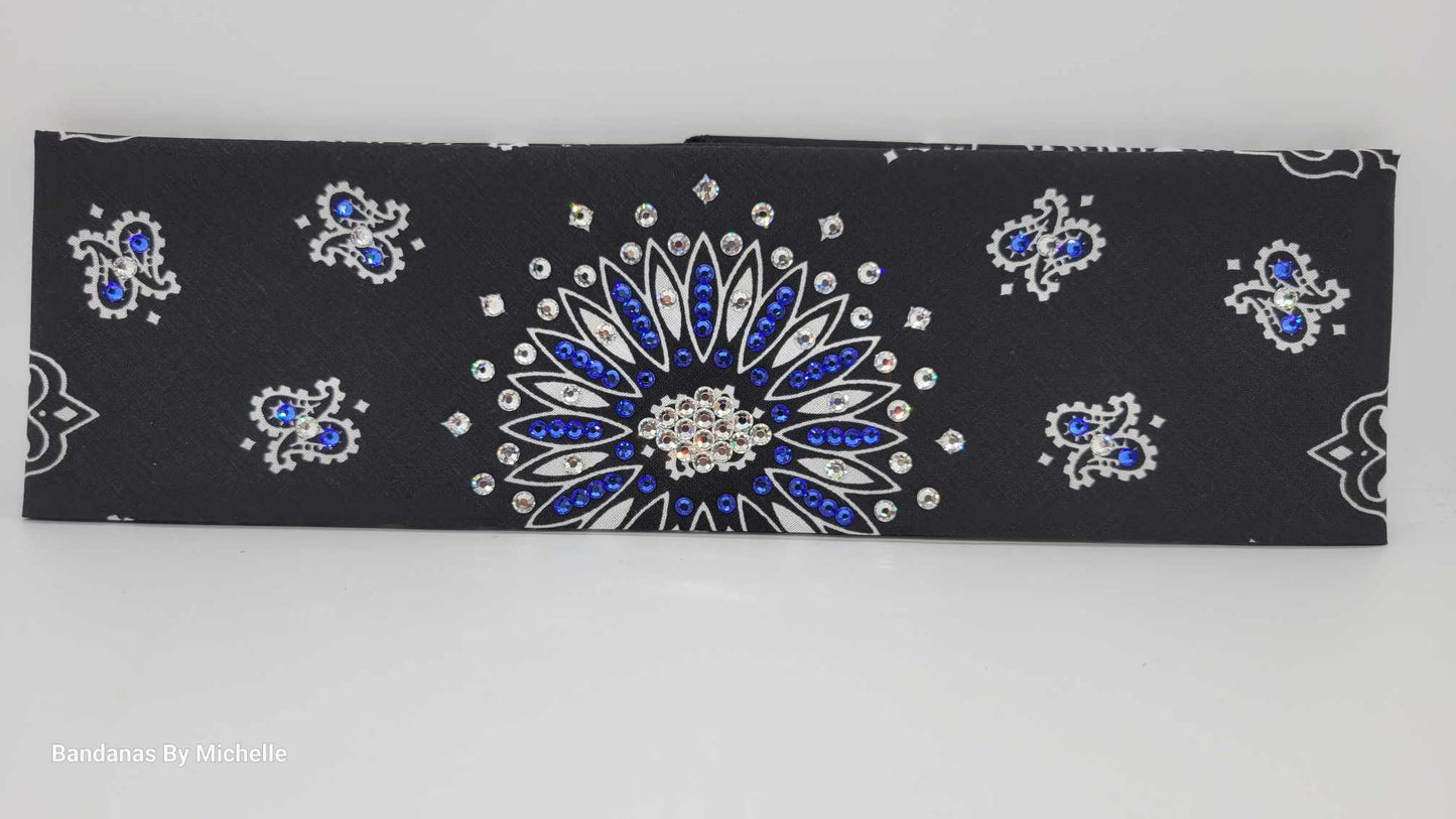 Black Paisley Bandana with Blue and Diamond Clear Austrian Crystals (Sku6329)