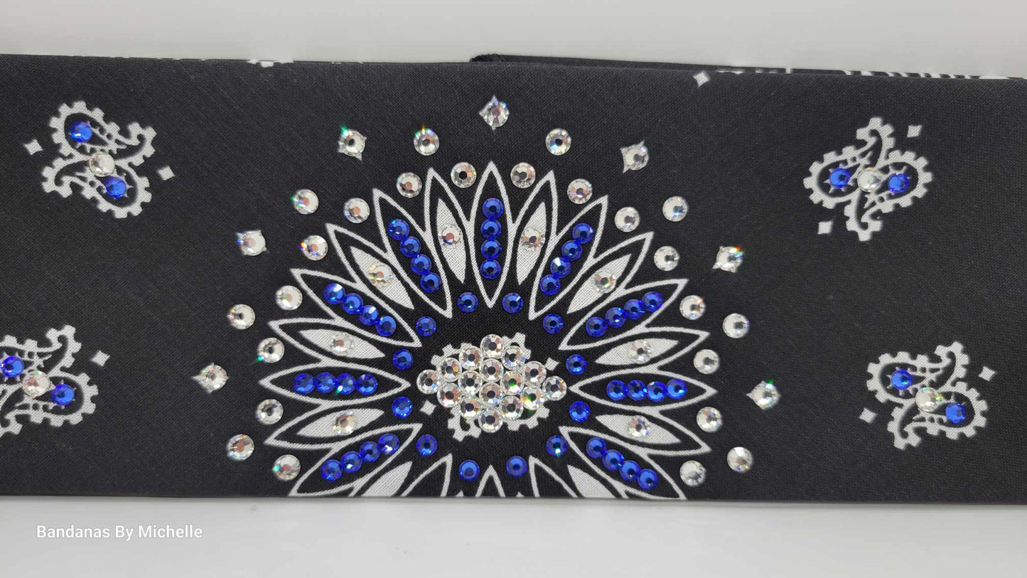 Black Paisley Bandana with Blue and Diamond Clear Austrian Crystals (Sku6329)