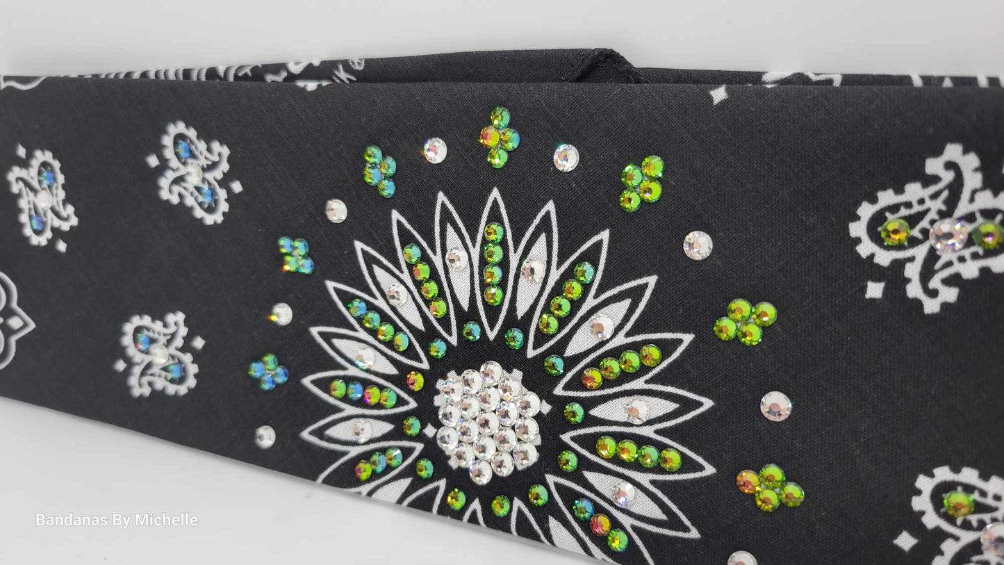 Black Paisley Bandana with Vitrail and Diamond Clear Austrian Crystals (Sku6330)