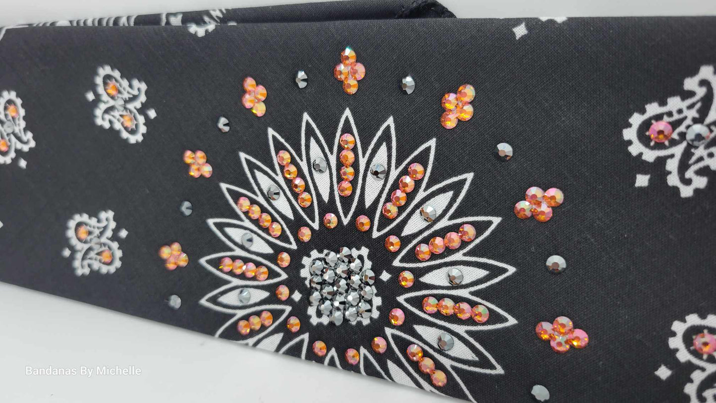 Black Paisley Bandana with Lava and Black Austrian Crystals (Sku6331)