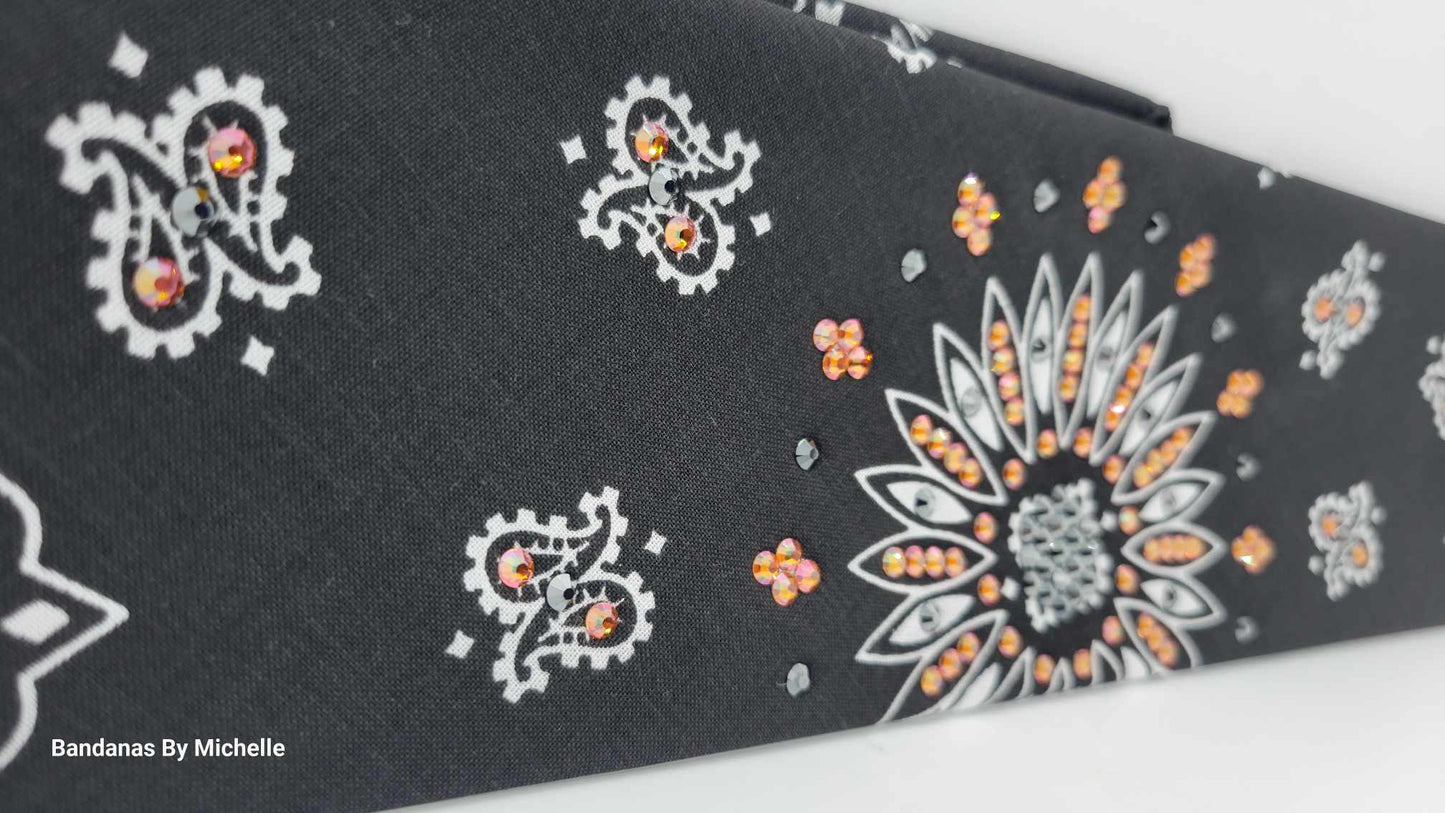 Black Paisley Bandana with Lava and Black Austrian Crystals (Sku6331)