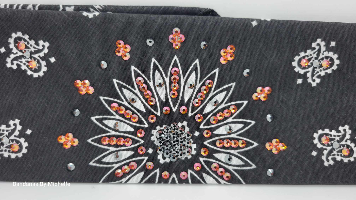 Black Paisley Bandana with Lava and Black Austrian Crystals (Sku6331)
