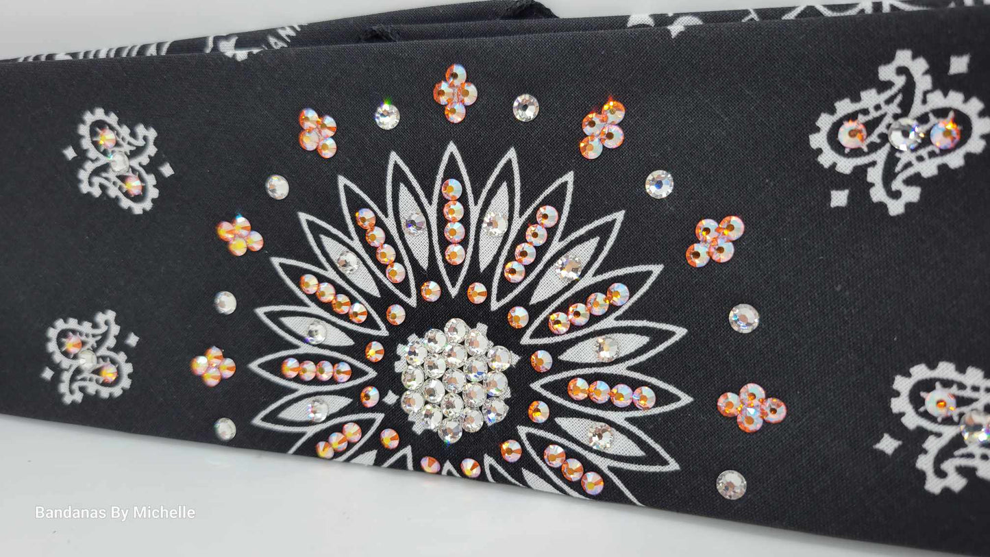 Black Paisley Bandana with Sun Shimmer and Diamond Clear Austrian Crystals (Sku6332)