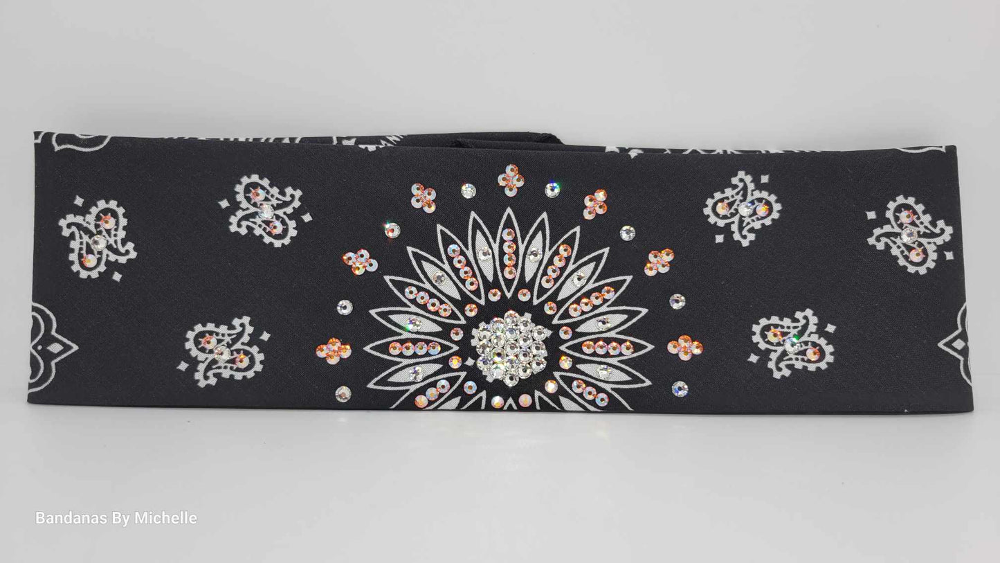 Black Paisley Bandana with Sun Shimmer and Diamond Clear Austrian Crystals (Sku6332)