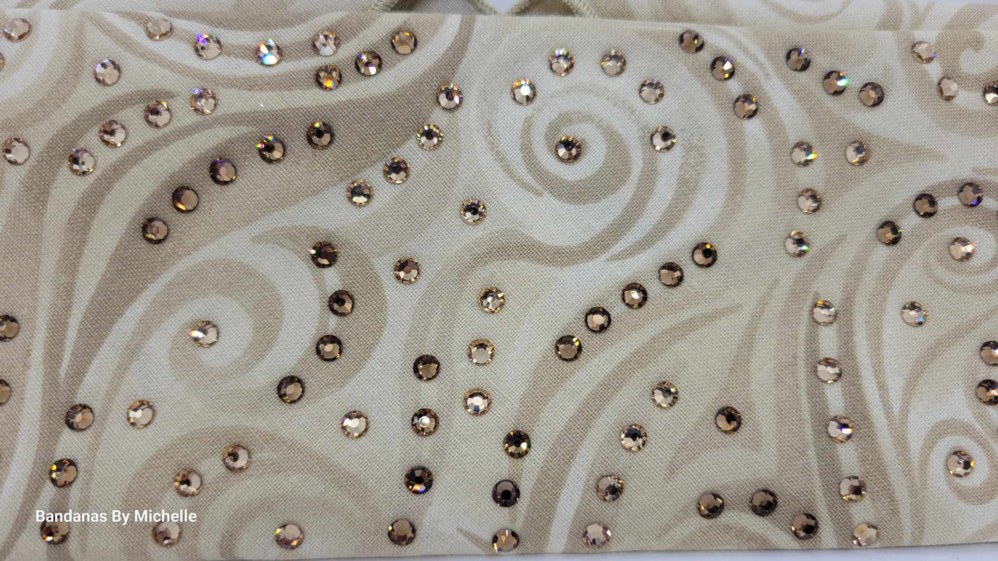 EXTRA BLING -Cream Swirls Bandana with Honey and Brown Austrian Crystals (Sku6323)