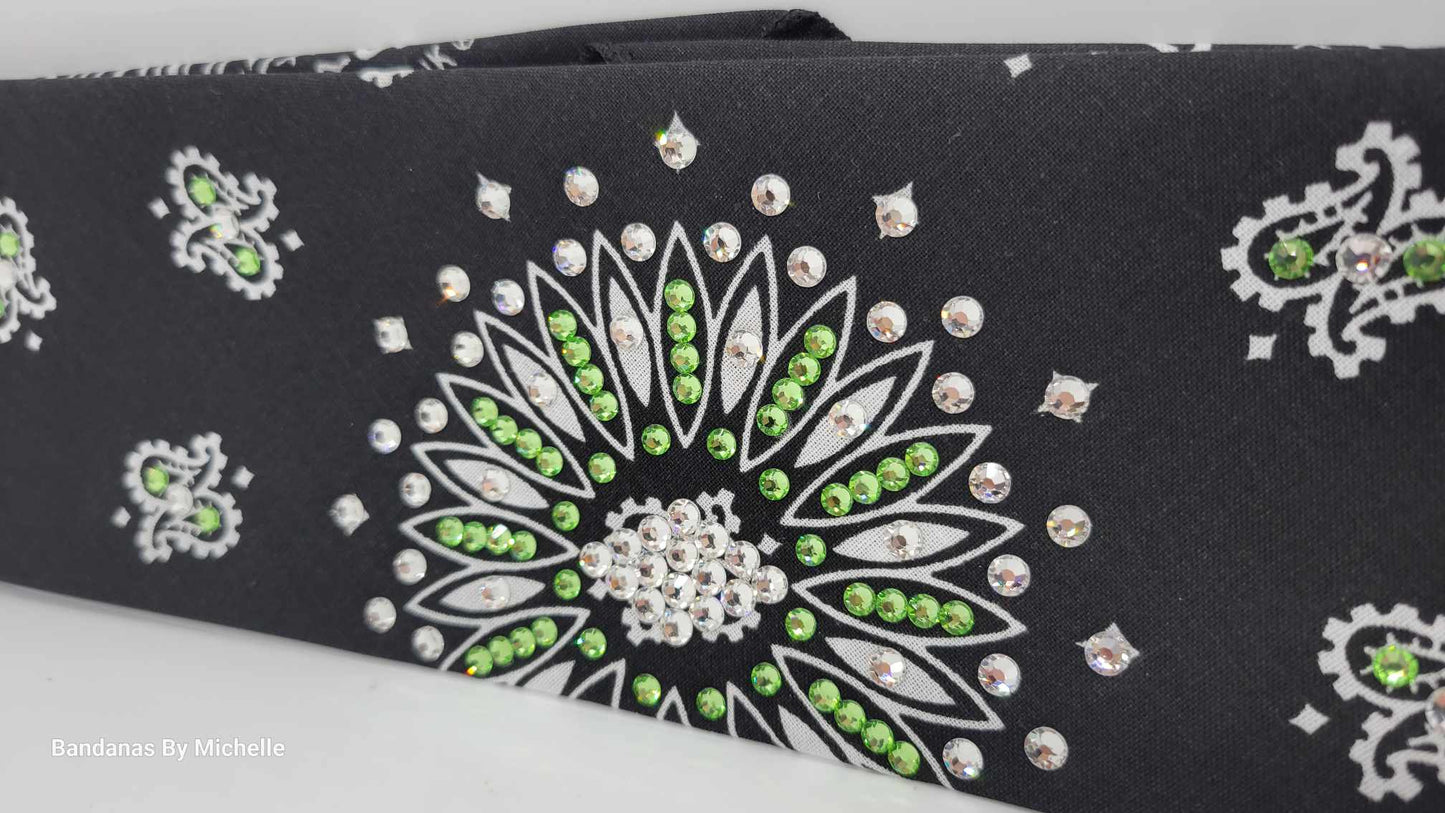 Black Paisley Bandana with Peridot and Diamond Clear Austrian Crystals (Sku6333)