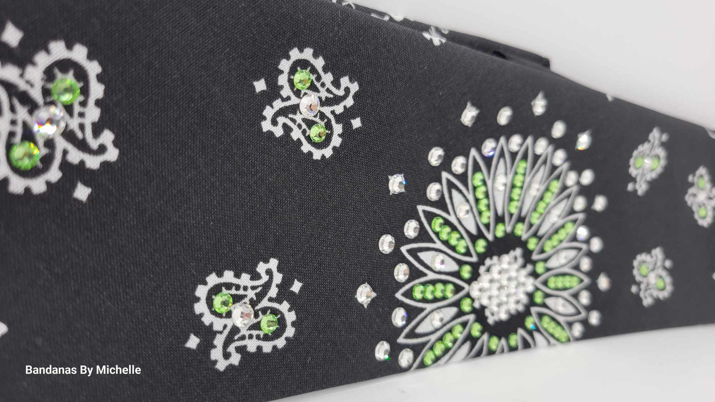 Black Paisley Bandana with Peridot and Diamond Clear Austrian Crystals (Sku6333)