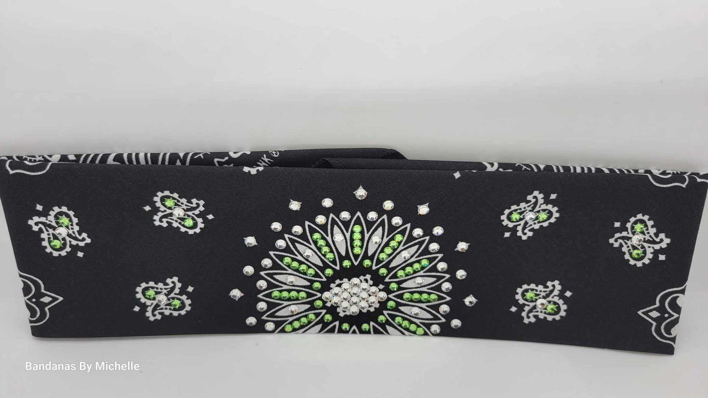 Black Paisley Bandana with Peridot and Diamond Clear Austrian Crystals (Sku6333)