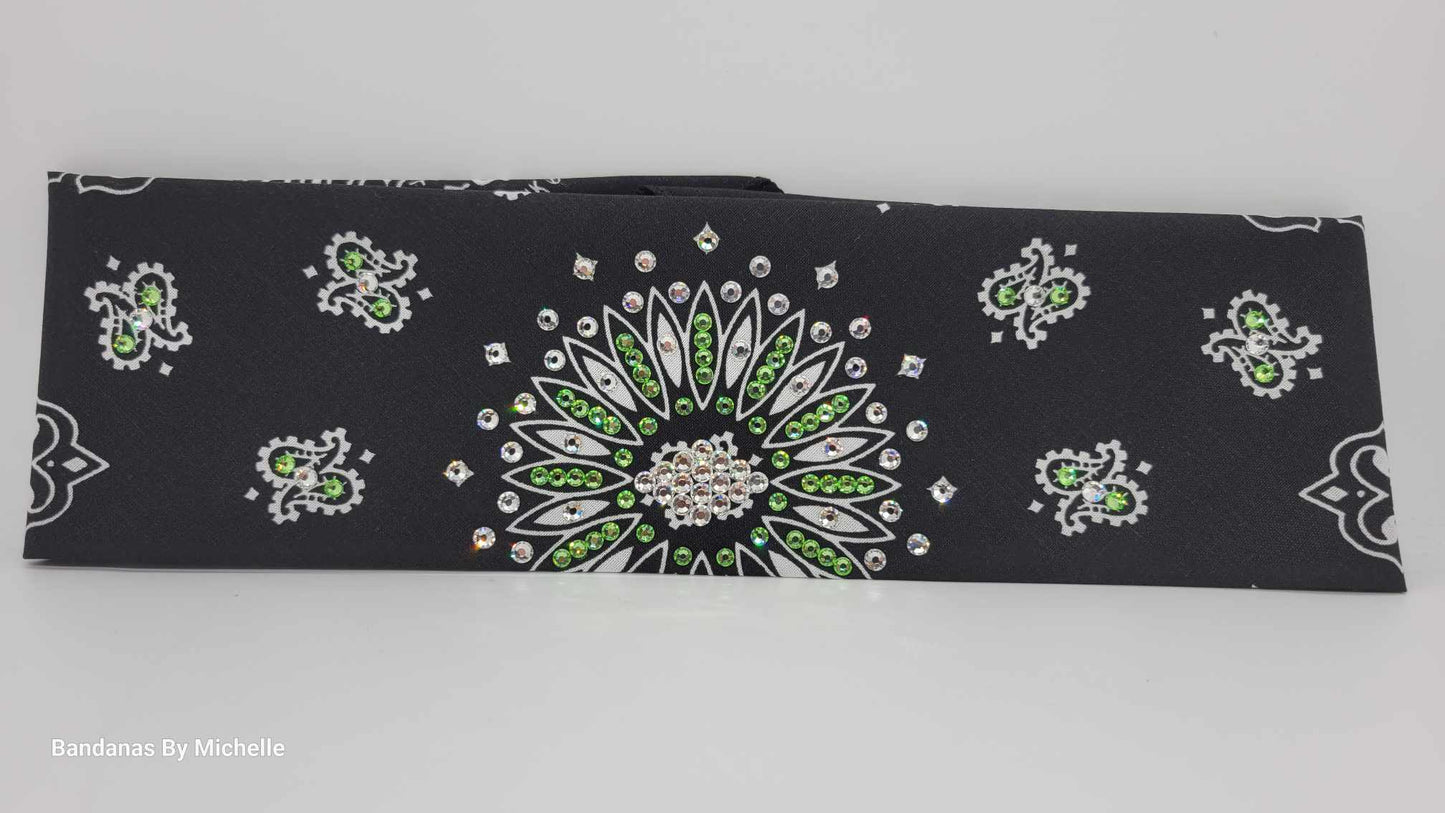 Black Paisley Bandana with Peridot and Diamond Clear Austrian Crystals (Sku6333)