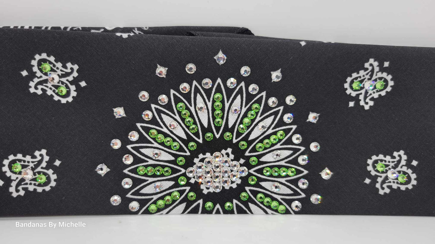 Black Paisley Bandana with Peridot and Diamond Clear Austrian Crystals (Sku6333)