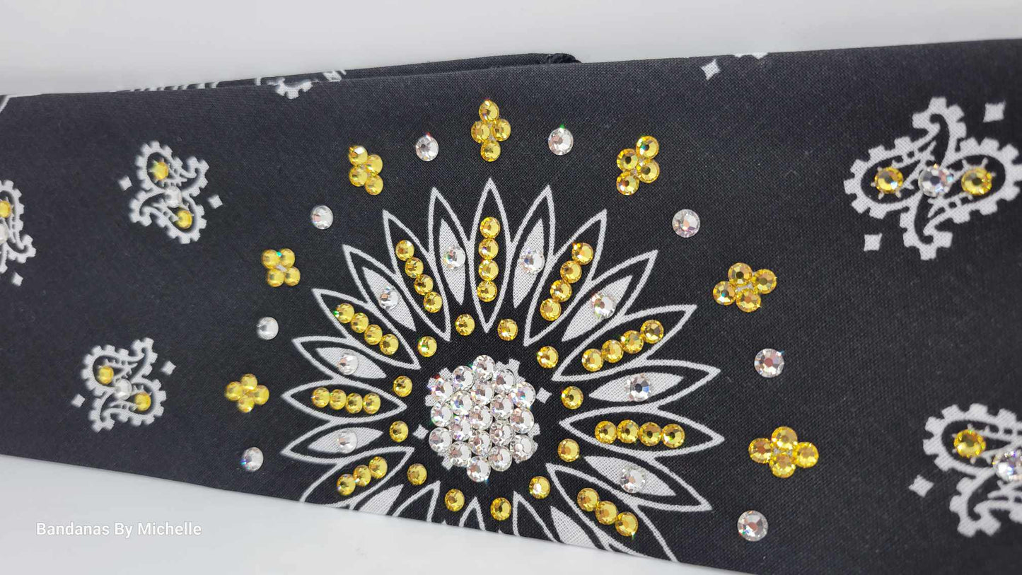 Black Paisley Bandana with Yellow and Diamond Clear Austrian Crystals (Sku6334)