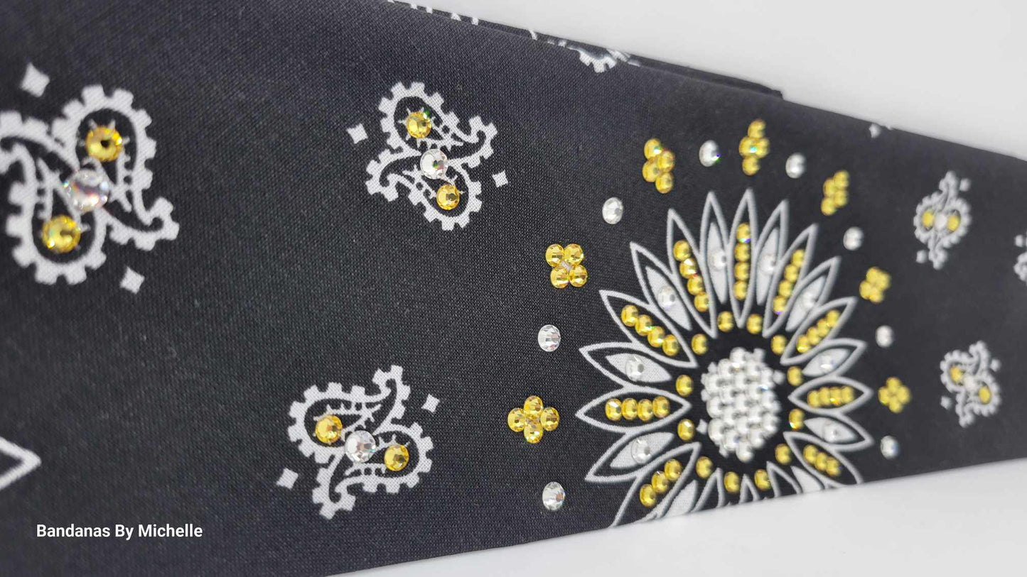 Black Paisley Bandana with Yellow and Diamond Clear Austrian Crystals (Sku6334)
