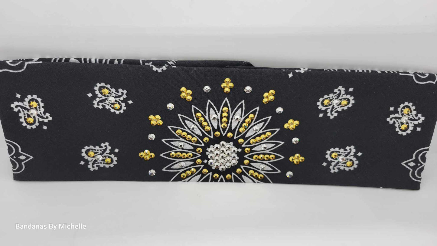 Black Paisley Bandana with Yellow and Diamond Clear Austrian Crystals (Sku6334)