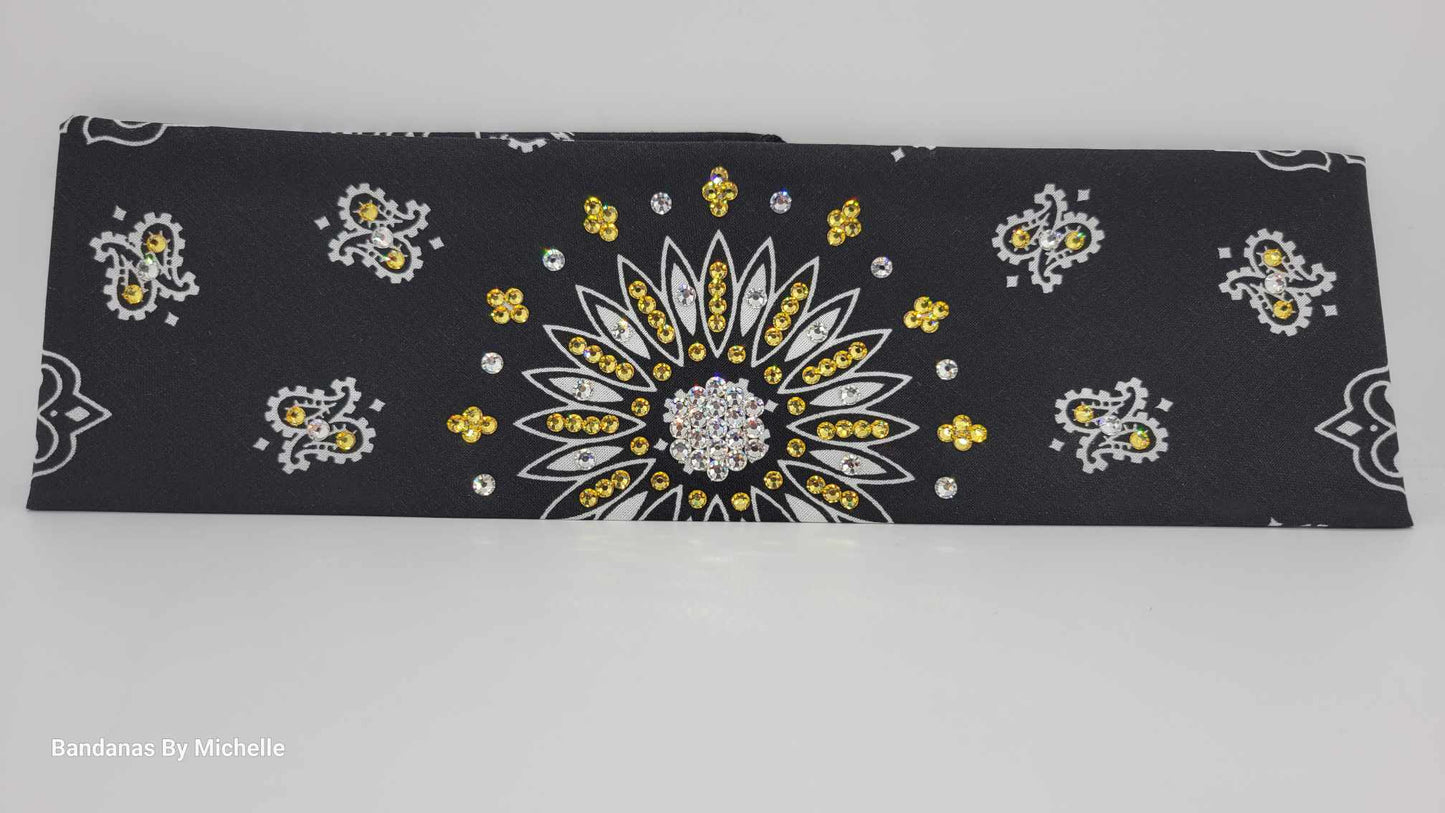 Black Paisley Bandana with Yellow and Diamond Clear Austrian Crystals (Sku6334)